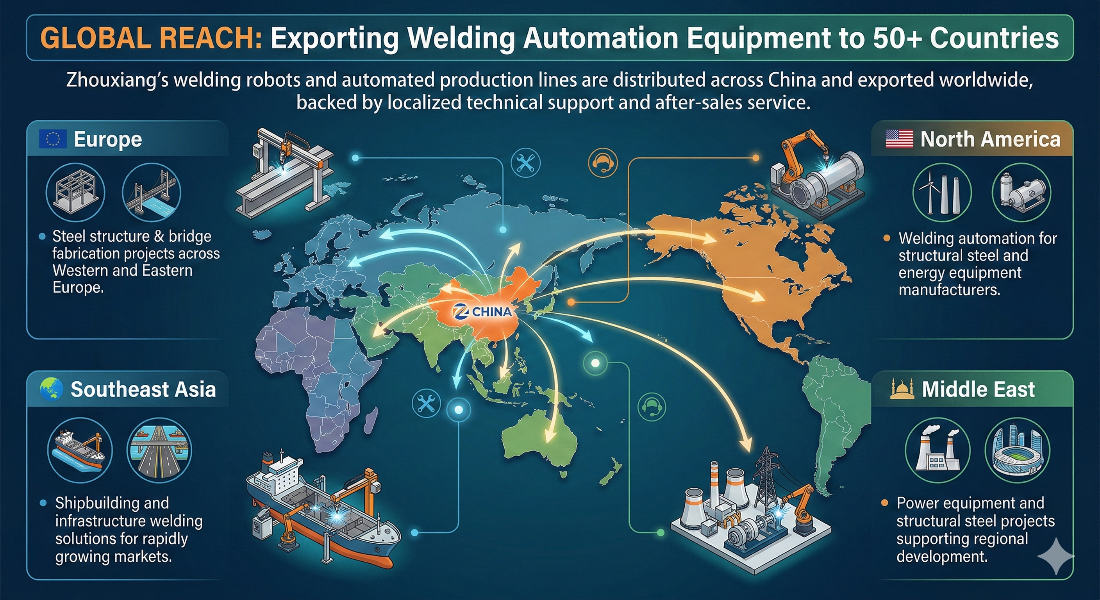 Mapa de distribuição global mostrando o alcance de exportação de automação de soldagem de Zhouxiang em mais de 50 países