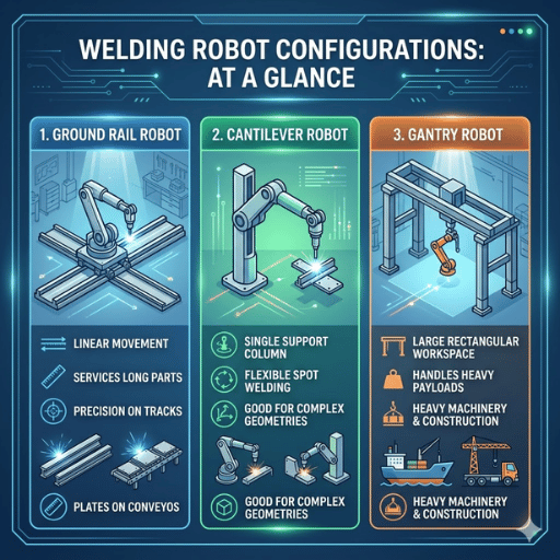 Robots de soldadura de rieles terrestres, voladizos y pórticos de un vistazo