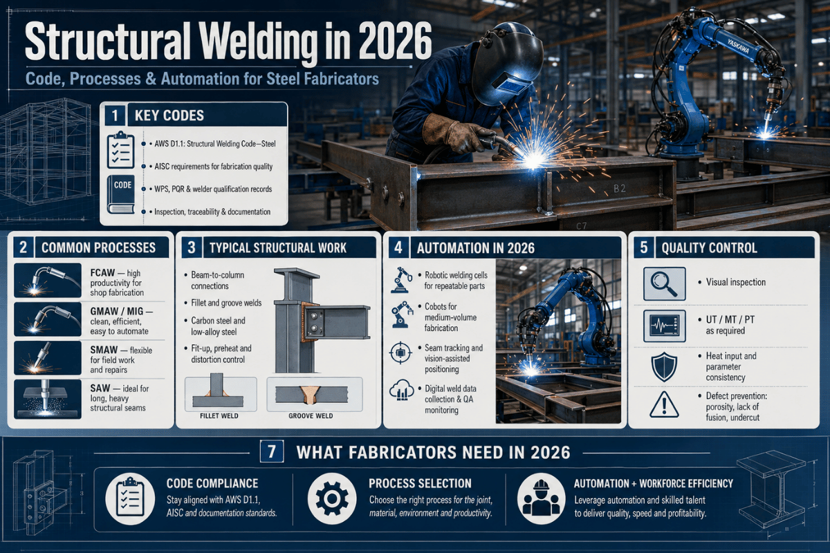 Soldagem Estrutural em 2026: Um Guia de Código, Processos e Automação para Fabricantes de Aço