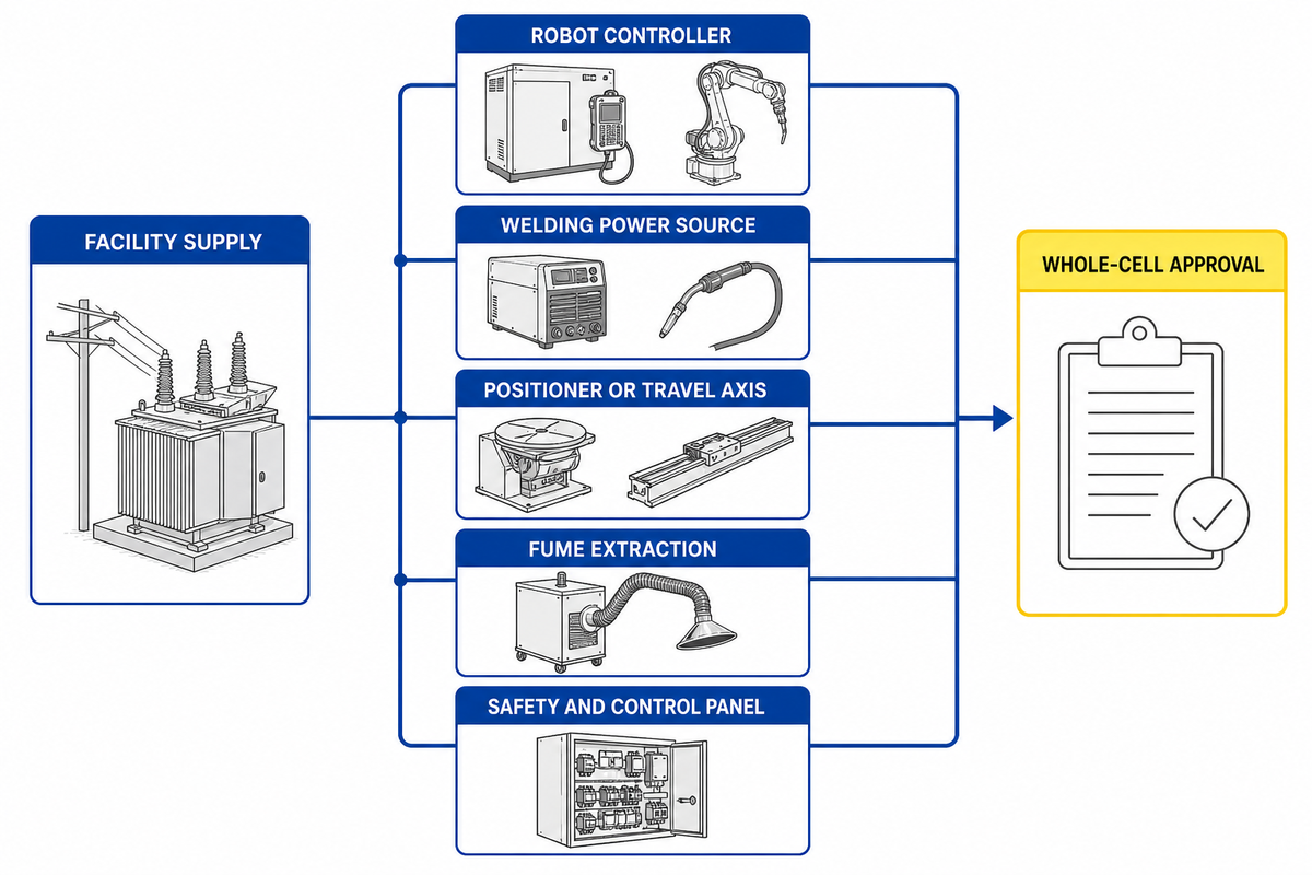 Welding robot cell power compatibility across all subsystems