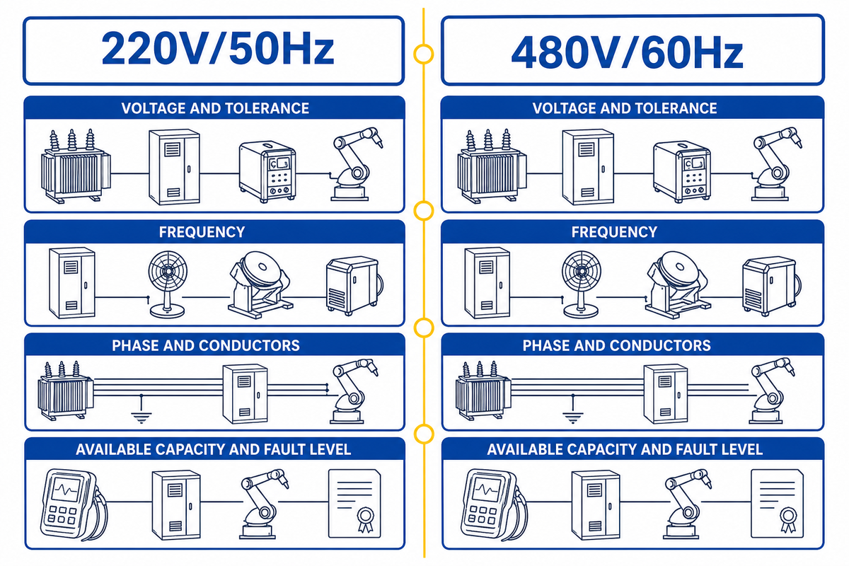 220V 50Hz versus 480V 60Hz welding robot power comparison