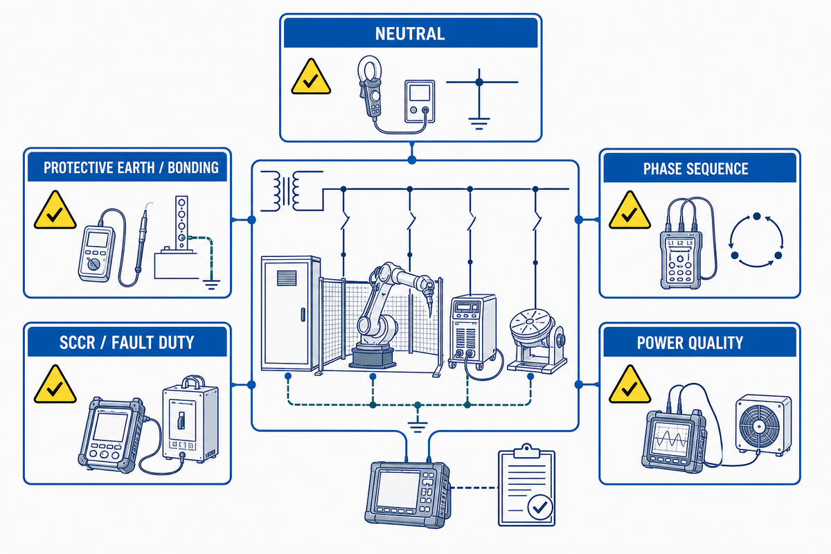 Welding robot grounding neutral phase sequence SCCR and power quality checks
