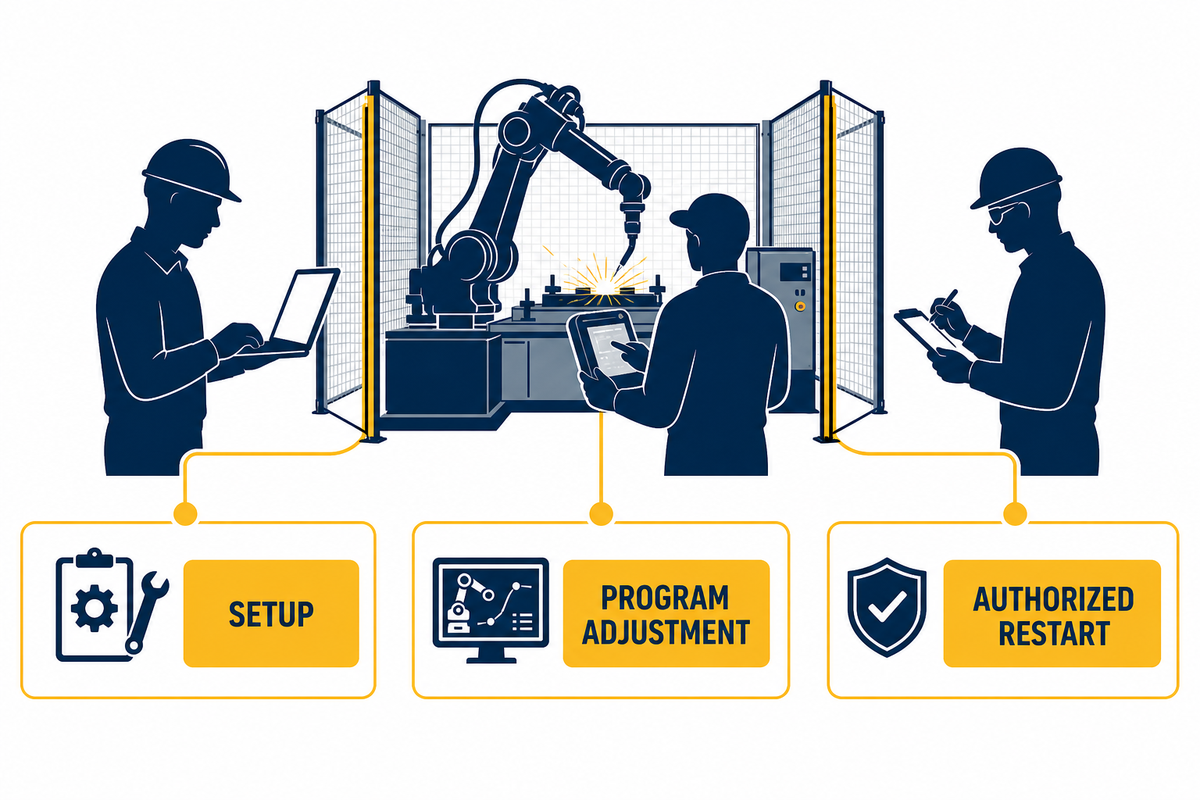 Robotic welding personnel remain responsible for setup, program adjustment and authorized restart.