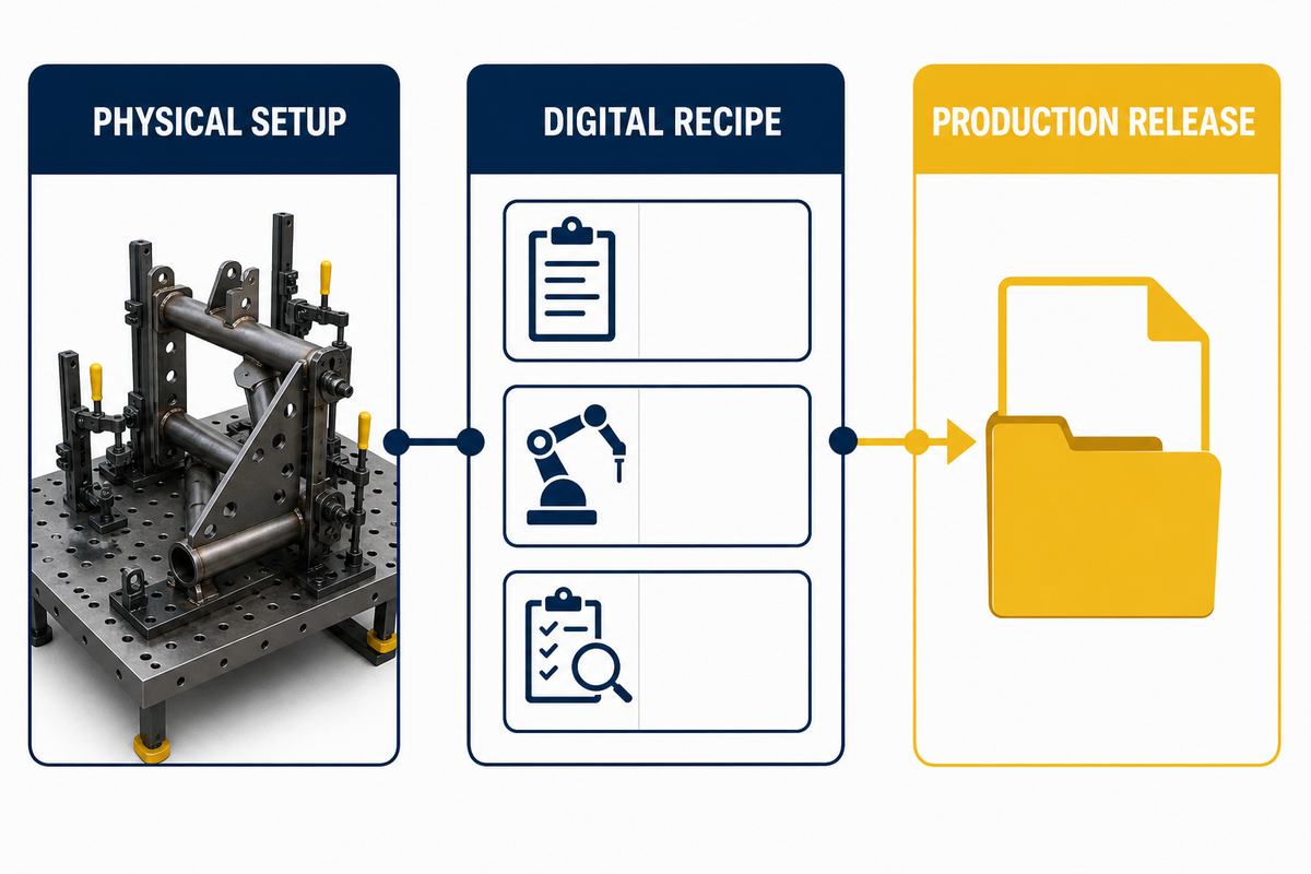 First-article evidence connects the physical setup, digital recipe and production release.