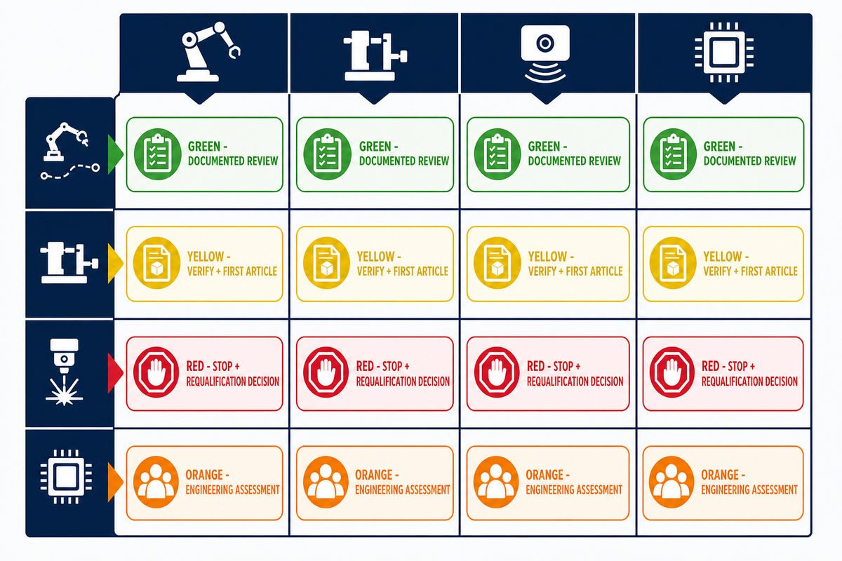 Four-zone robot program change matrix routes changes for verification, approval or requalification review.