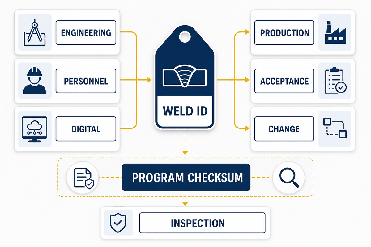 An audit-ready record pack traces a weld ID to program checksum and inspection evidence.