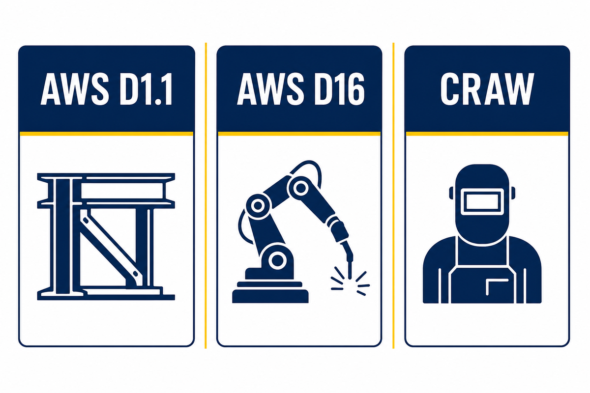 AWS D1.1, AWS D16 and CRAW cover different structural welding, robotic and personnel questions.