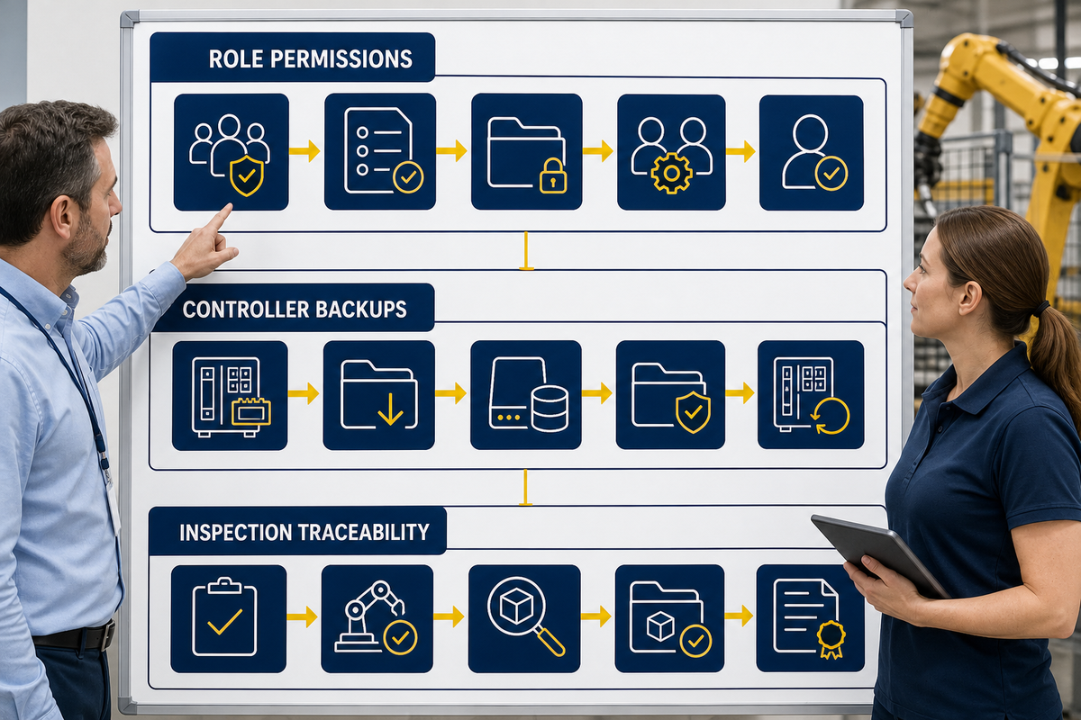 Robotic welding procurement should define role permissions, controller backups and inspection traceability.