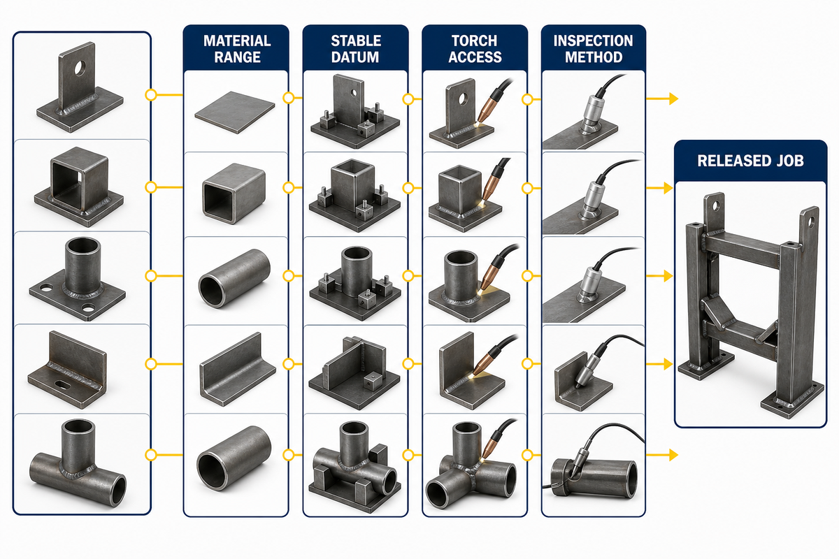 Part-family qualification links materials, stable datums, torch access and inspection to a released cobot welding job.