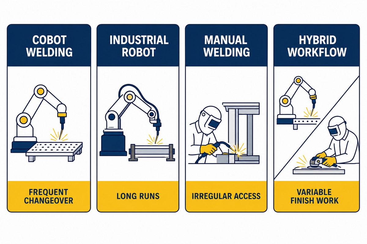 Decision map compares cobot welding, industrial robot, manual welding and hybrid production routes.