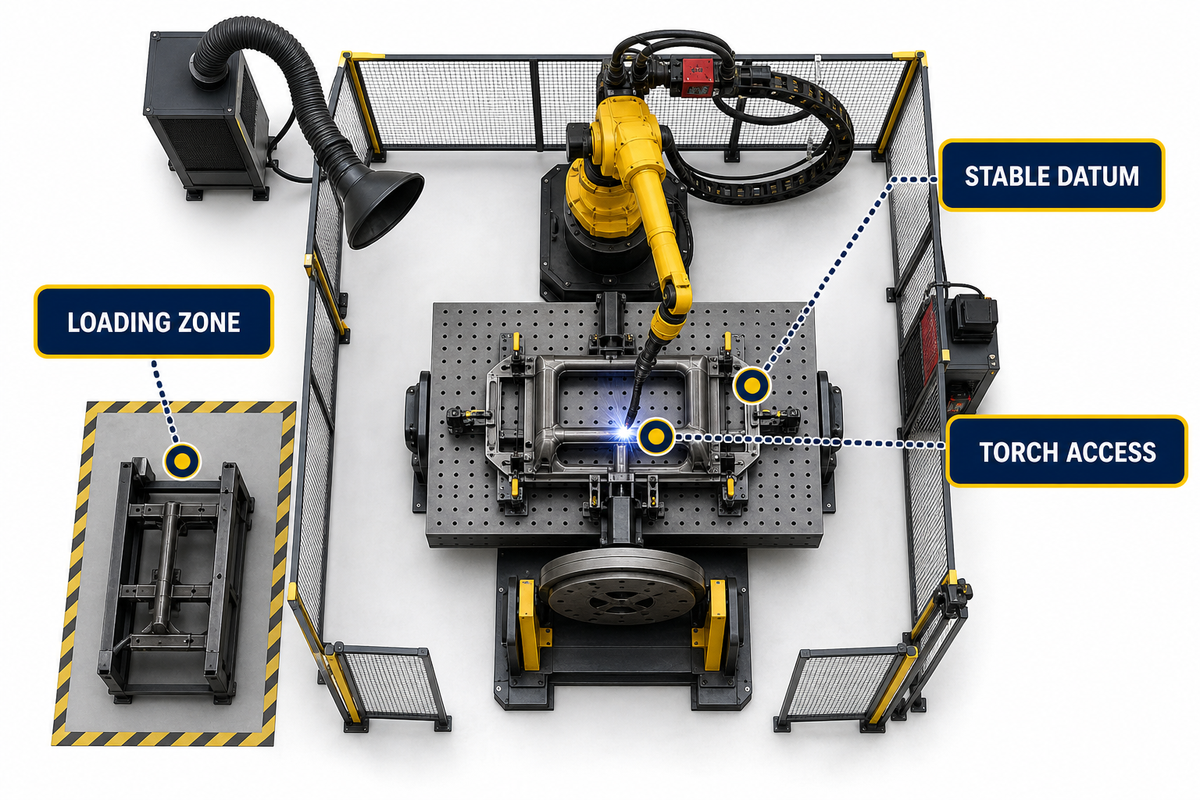 Cobot welding cell layout organized around stable datums, torch access and loading clearance.