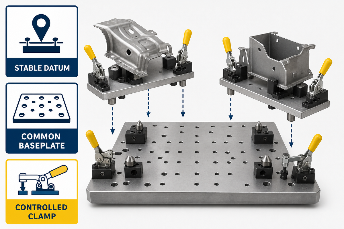 Modular welding fixtures support repeatable high-mix changeovers.