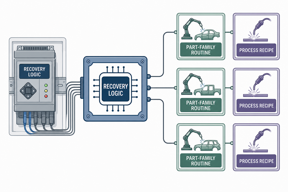 Reusable cobot program architecture with controlled part-family recipes.