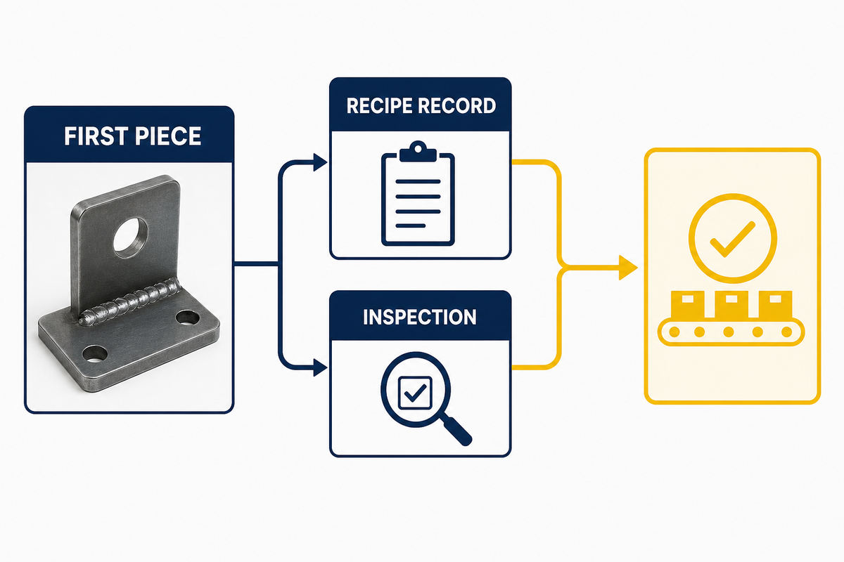 First-piece evidence releases a cobot welding batch.