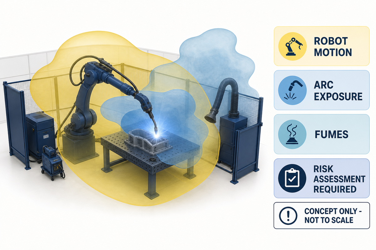Conceptual overlapping cobot welding hazard areas requiring application-level risk assessment.