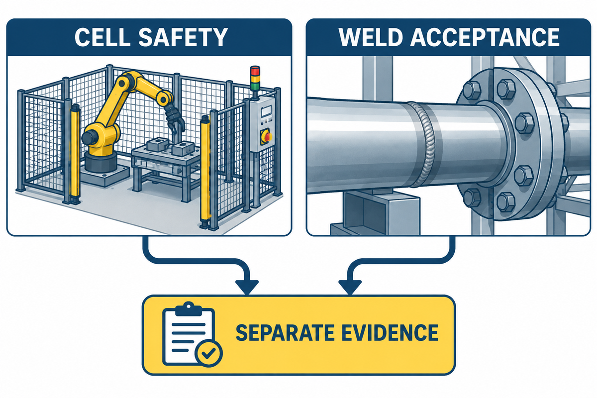Robot-cell safety separated from piping-code acceptance.