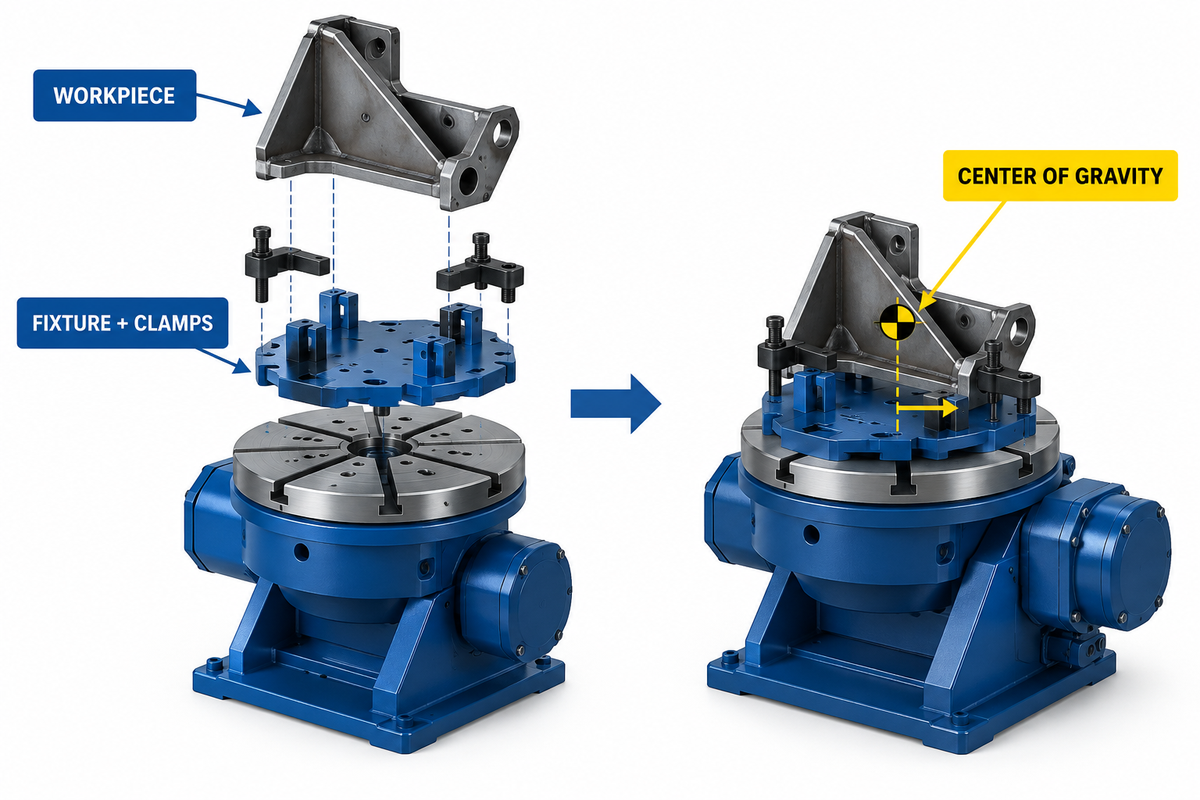Combined moving load and center-of-gravity worksheet for a welding positioner.