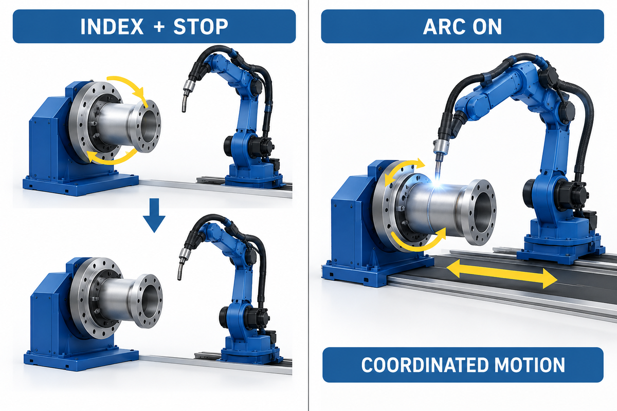 Indexed and coordinated rotary positioner motion compared for robotic welding.