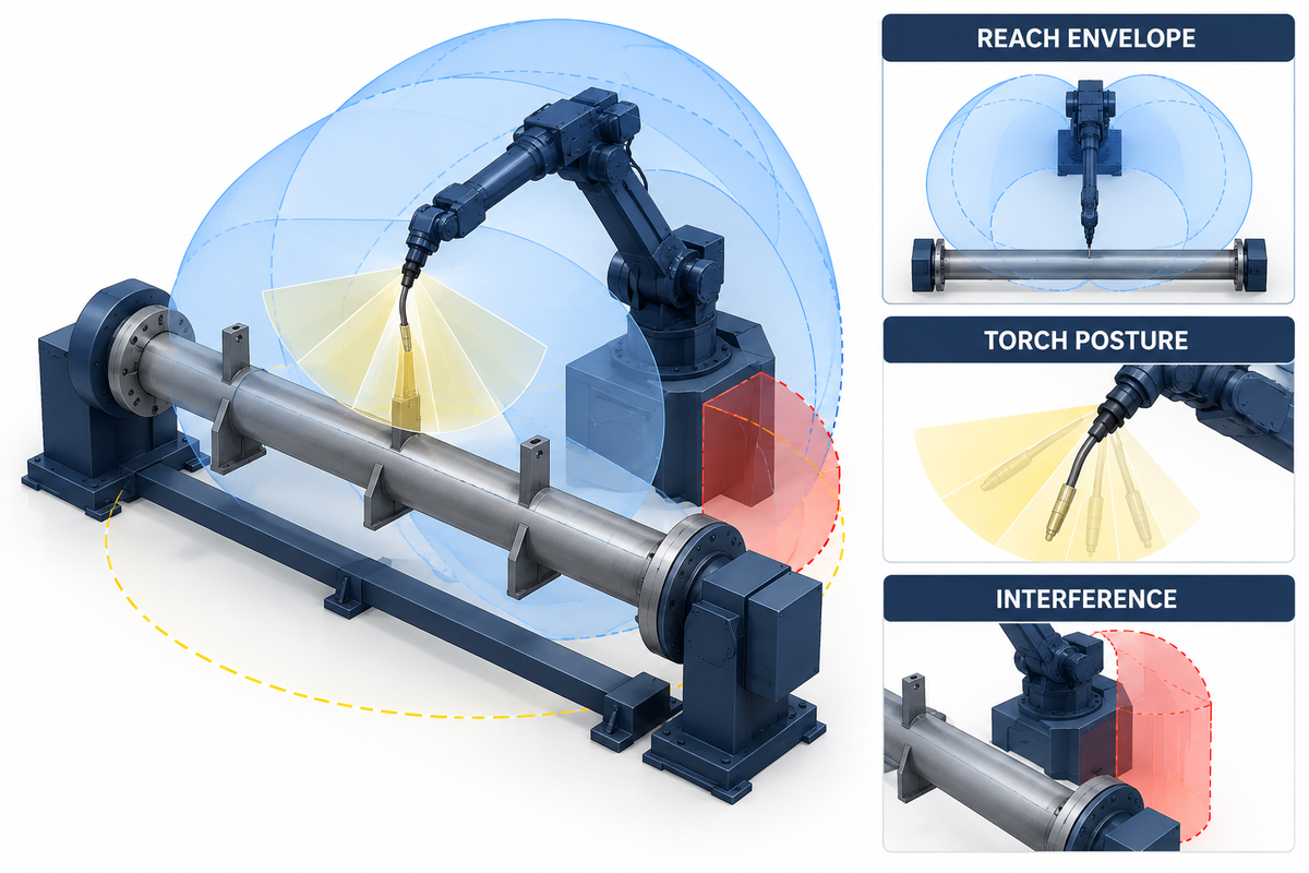 Robot reach, torch posture and swing-clearance validation around a rotary positioner.