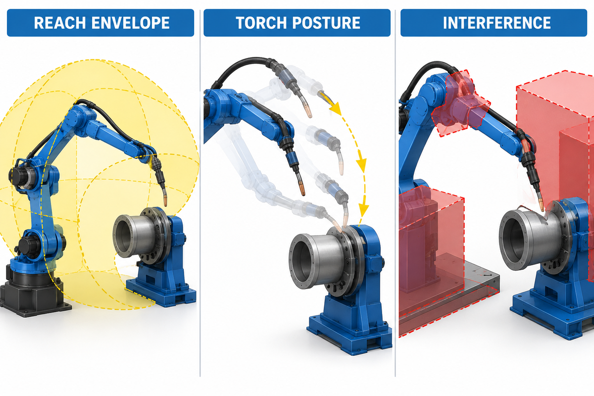 Engineers validating robot reach and torch posture around a rotary positioner.