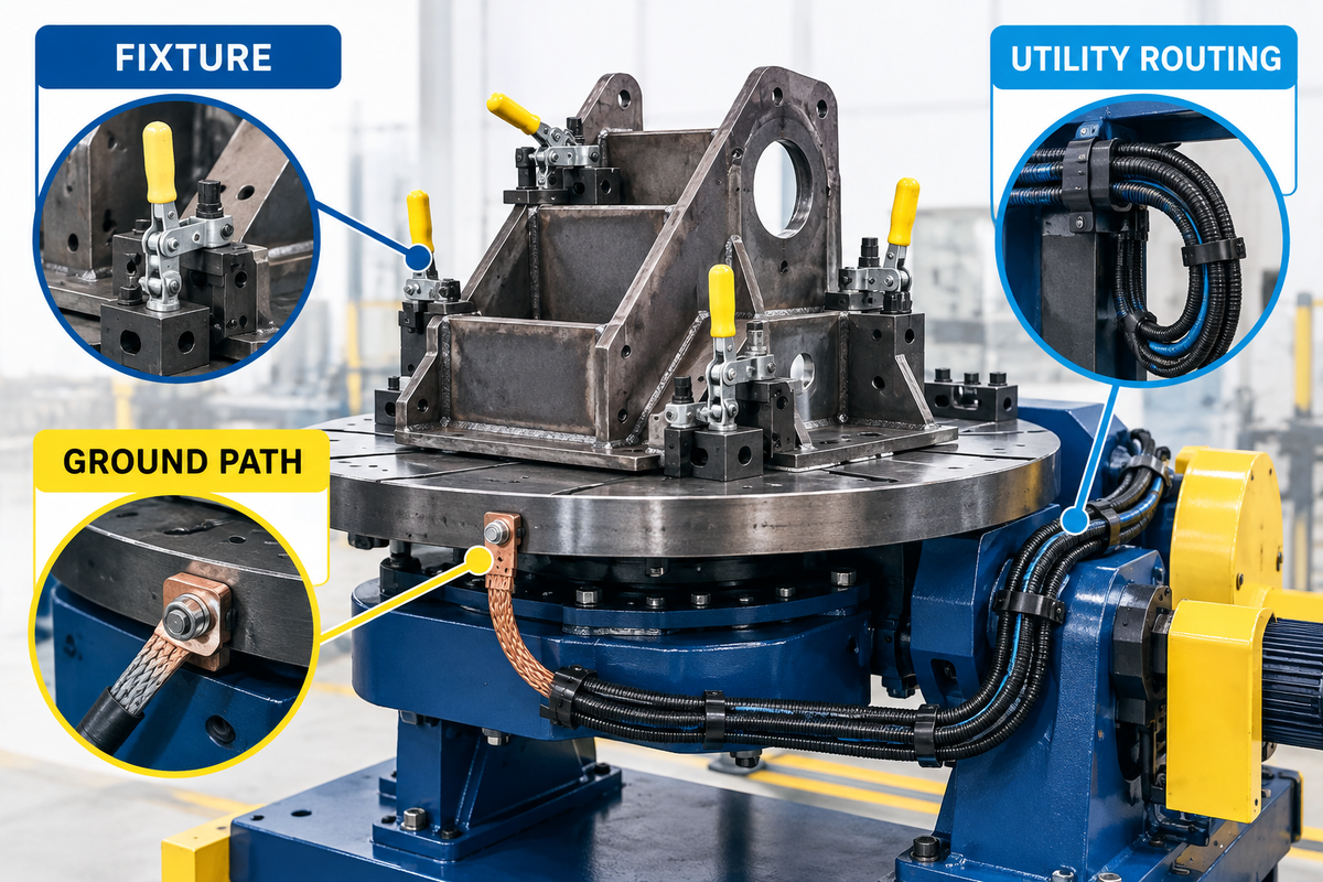 Fixture, welding ground and utility routing engineered with the rotary axis.