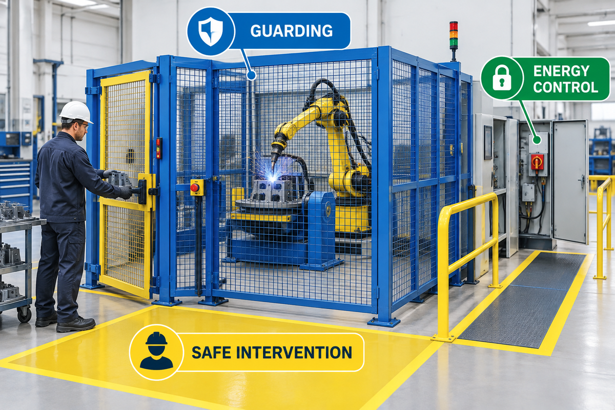 Cell-level safety and intervention zones around a robotic welding positioner.